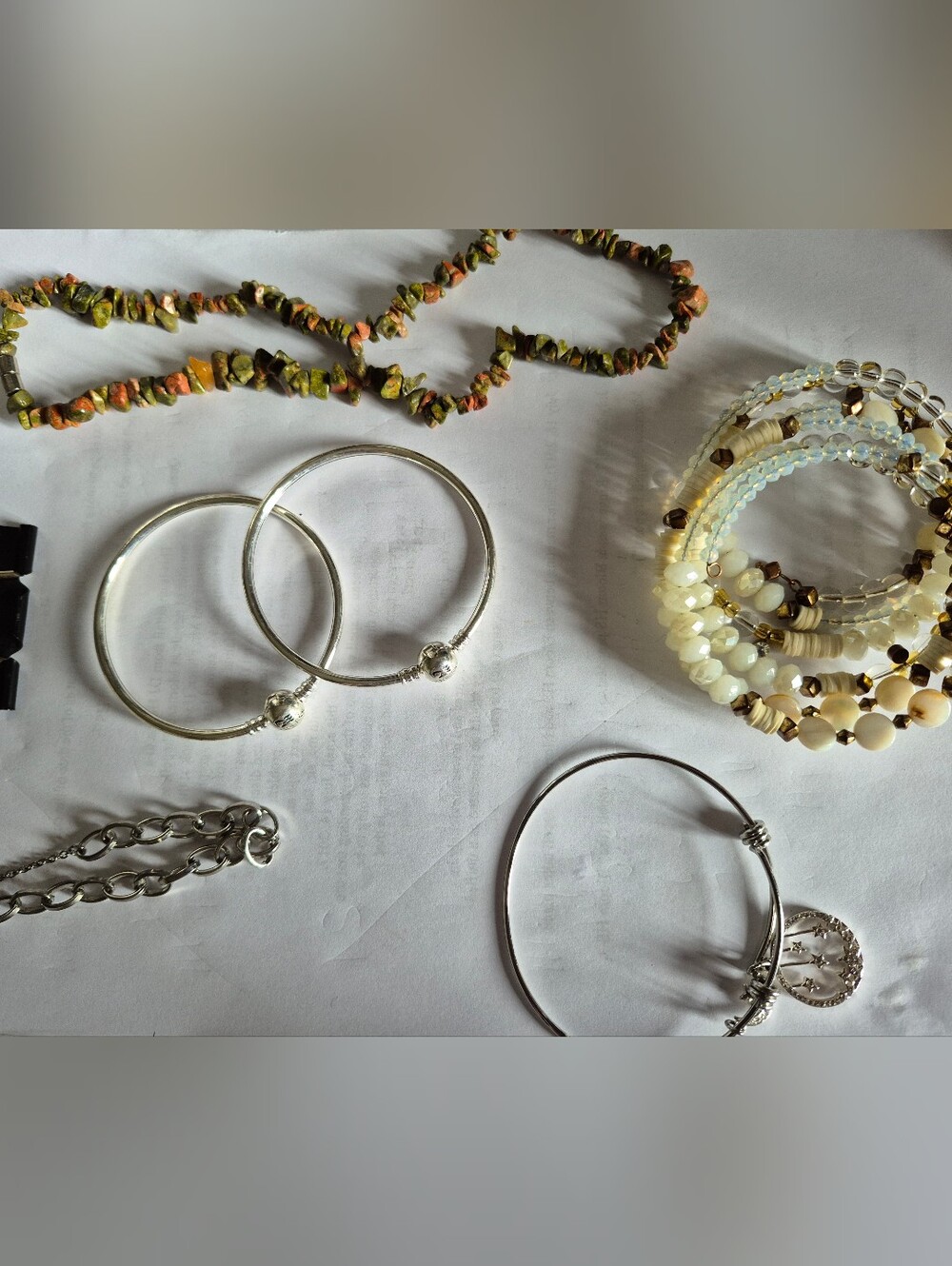 6 Pieces, Includes 3 Bangles, Chip Necklace, Wrap And Silver Tone Bracelets